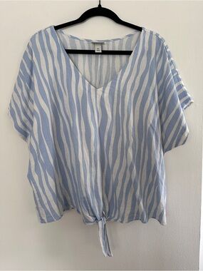 Ava & Viv Linen Blend Light Blue & White Striped Tie-Front V-Neck Top